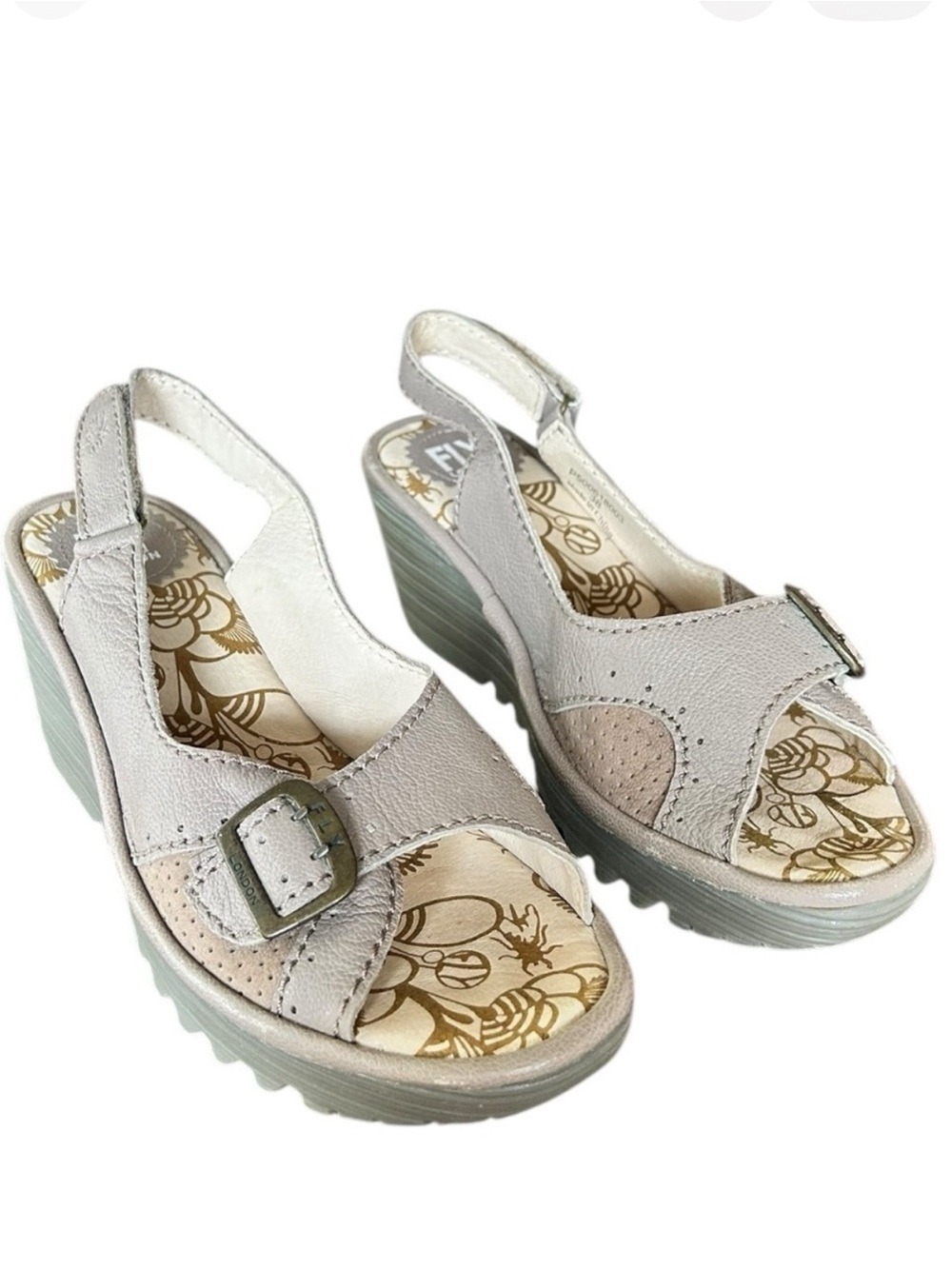 FLY LONDON Platform Peep Toe Slingback Sandals Taupe Leather EU38 US7.5-8 EC